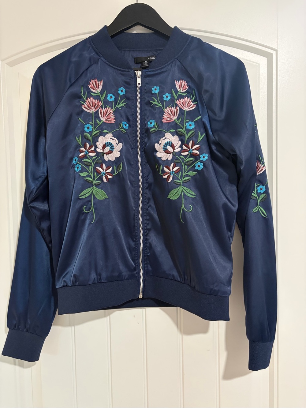 Aqua Navy Satin Bomber Jacket with Floral Embroidery